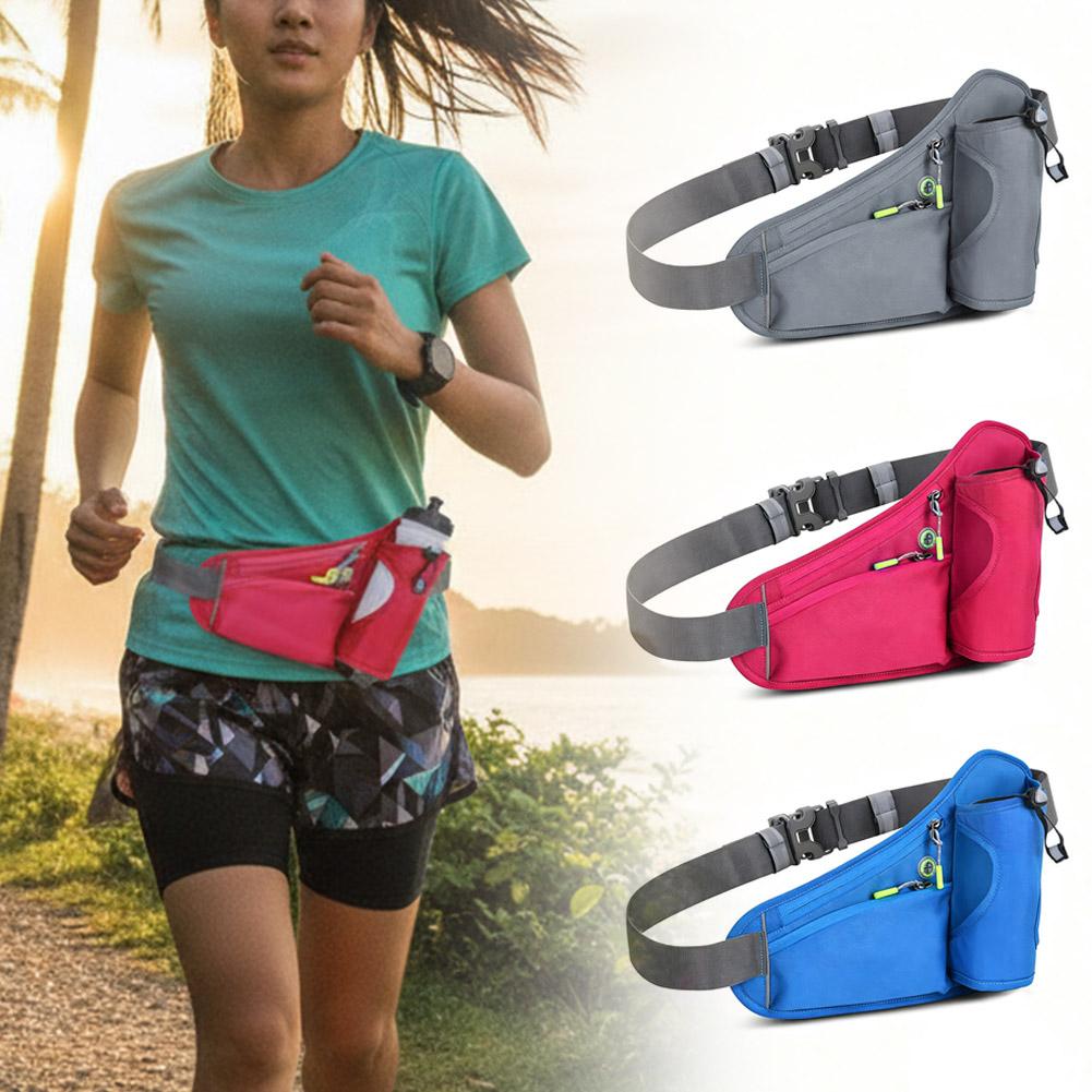 Running Belt - กระเป๋าคาดเอวสำหรับวิ่งพร้อมที่ใส่ขวดน้ำ เข็มขัดกีฬาแบบปรับได้ สำหรับวิ่งมาราธอน เดินป่า วิ่งจ๊อกกิ้ง กระเป๋าเก็บโทรศัพท์แบบแฮนด์ฟรี